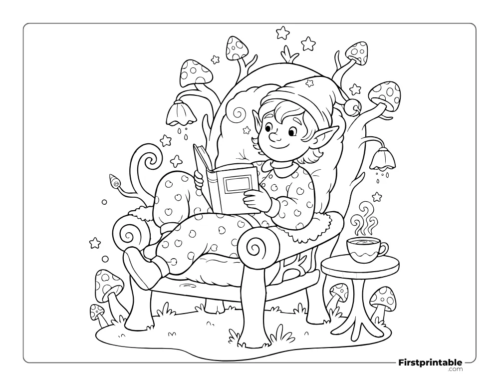 Elf in Night Reading Book Coloring Page Elf in Night Reading Book Coloring Page