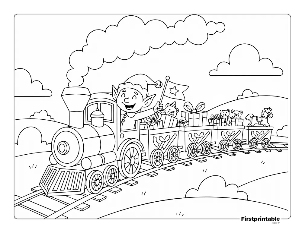 Elf on Train Coloring Page Elf on Train Coloring Page
