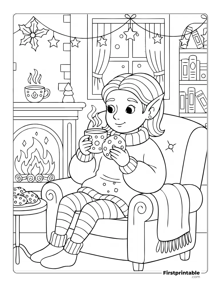Elf Relaxing in Living Room to Color for Adults Elf Relaxing in Living Room to Color for Adults