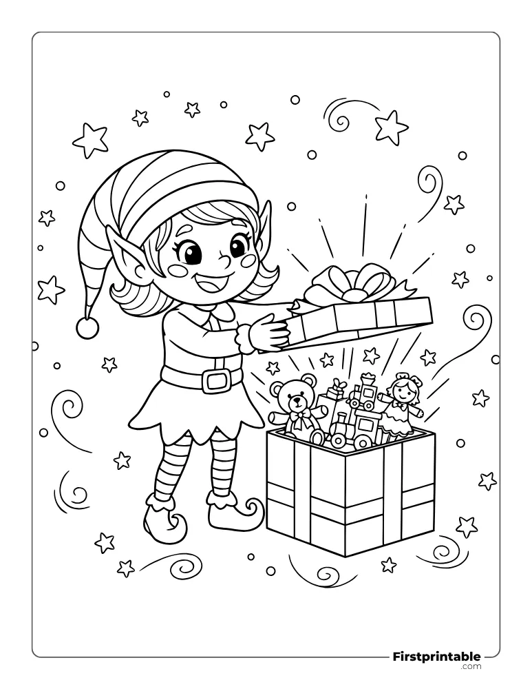 Elf Wrapping the Gift Coloring Page Elf Wrapping the Gift Coloring Page