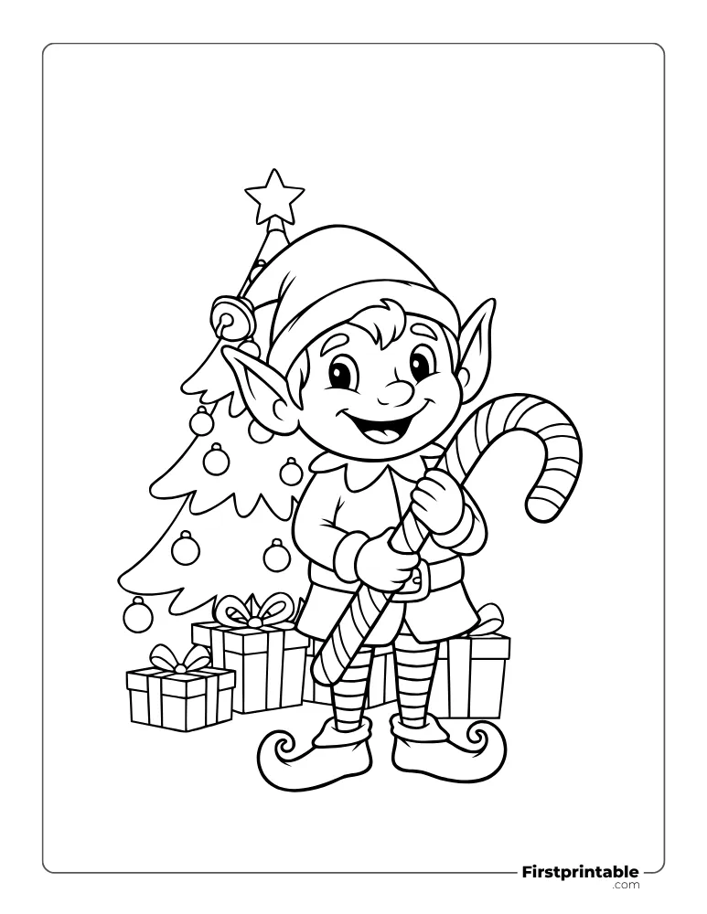 Elf with Candy Cane Coloring Page Elf with Candy Cane Coloring Page