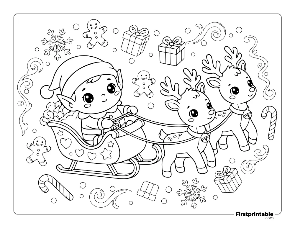 Kawai Elf on Sleigh Coloring Page Kawai Elf on Sleigh Coloring Page