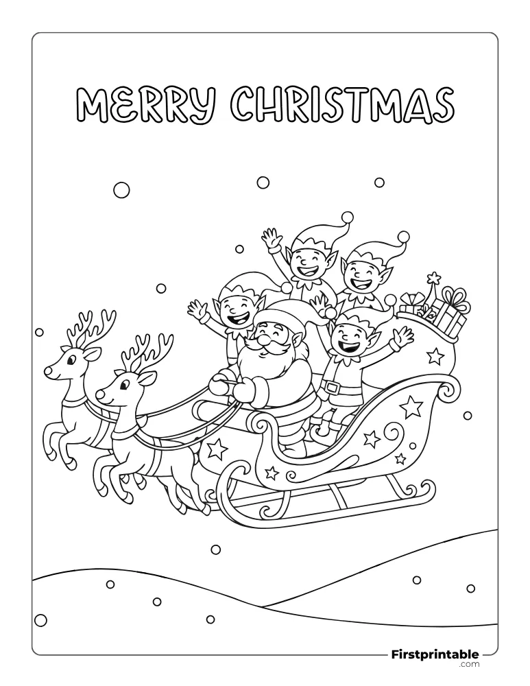 Santa and Elves on Sleigh Coloring Sheet Santa and Elves on Sleigh Coloring Sheet