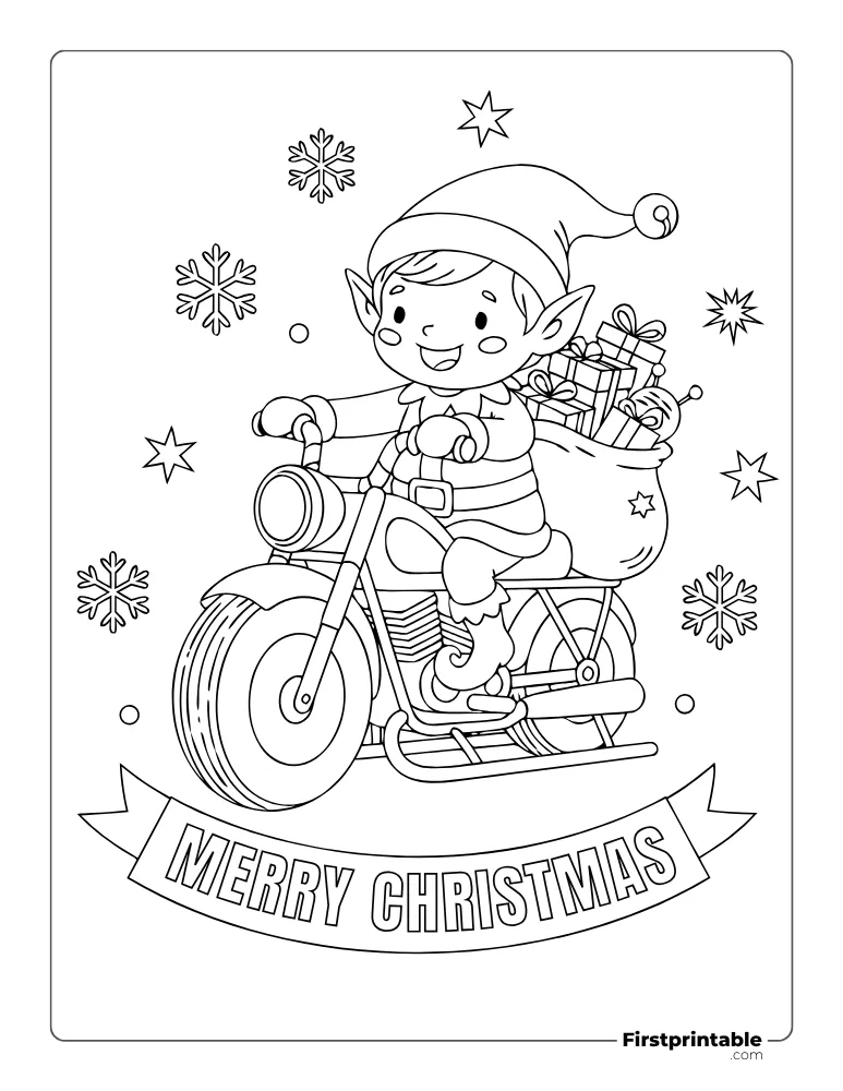 Elf on Motorcycle Coloring Sheet Elf on Motorcycle Coloring Sheet