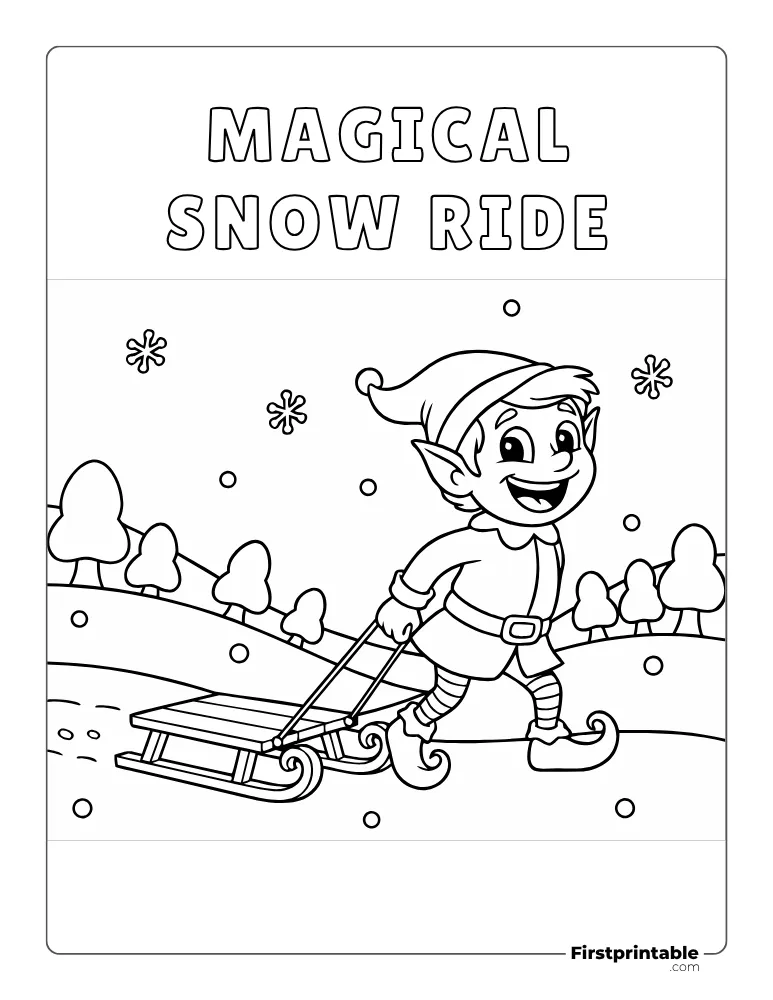 Elf Sledding with Snow Coloring Page Elf Sledding with Snow Coloring Page