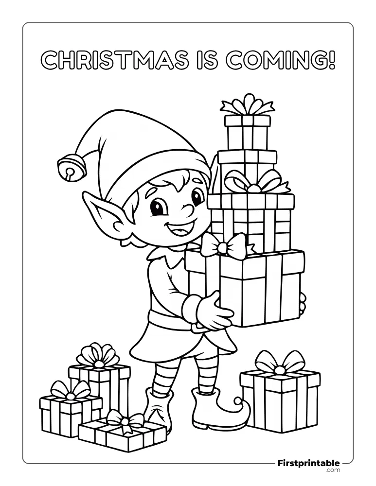 Elf with Stack of Gifts Coloring Page Elf with Stack of Gifts Coloring Page
