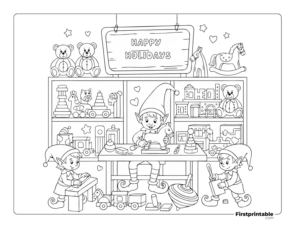 Elves and Toy Shop Coloring Sheet Elves and Toy Shop Coloring Sheet