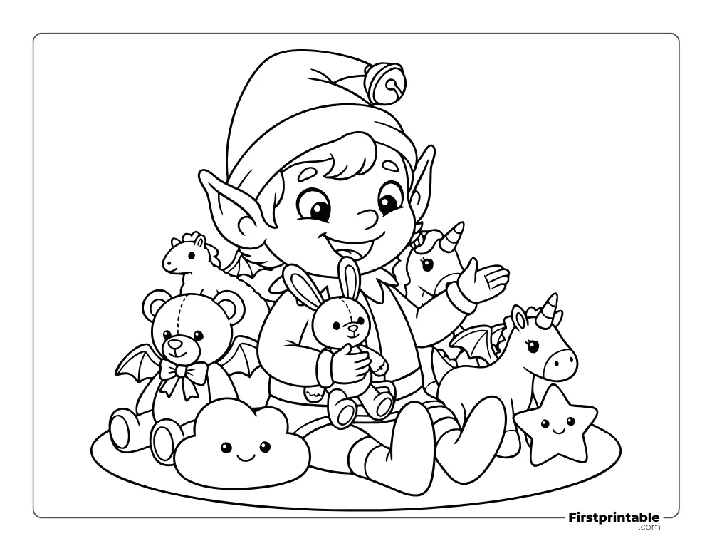 Elf Surrounded with Toys Coloring Page Elf Surrounded with Toys Coloring Page