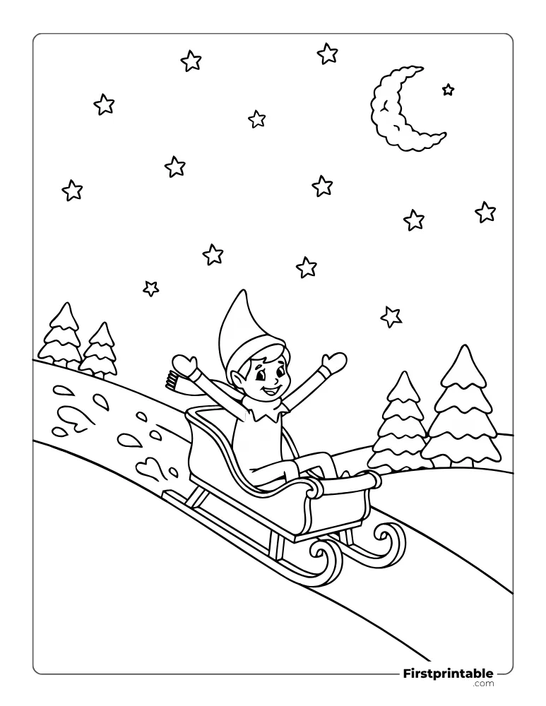 Cheerful Elf Playing with Sled Coloring Page Cheerful Elf Playing with Sled Coloring Page