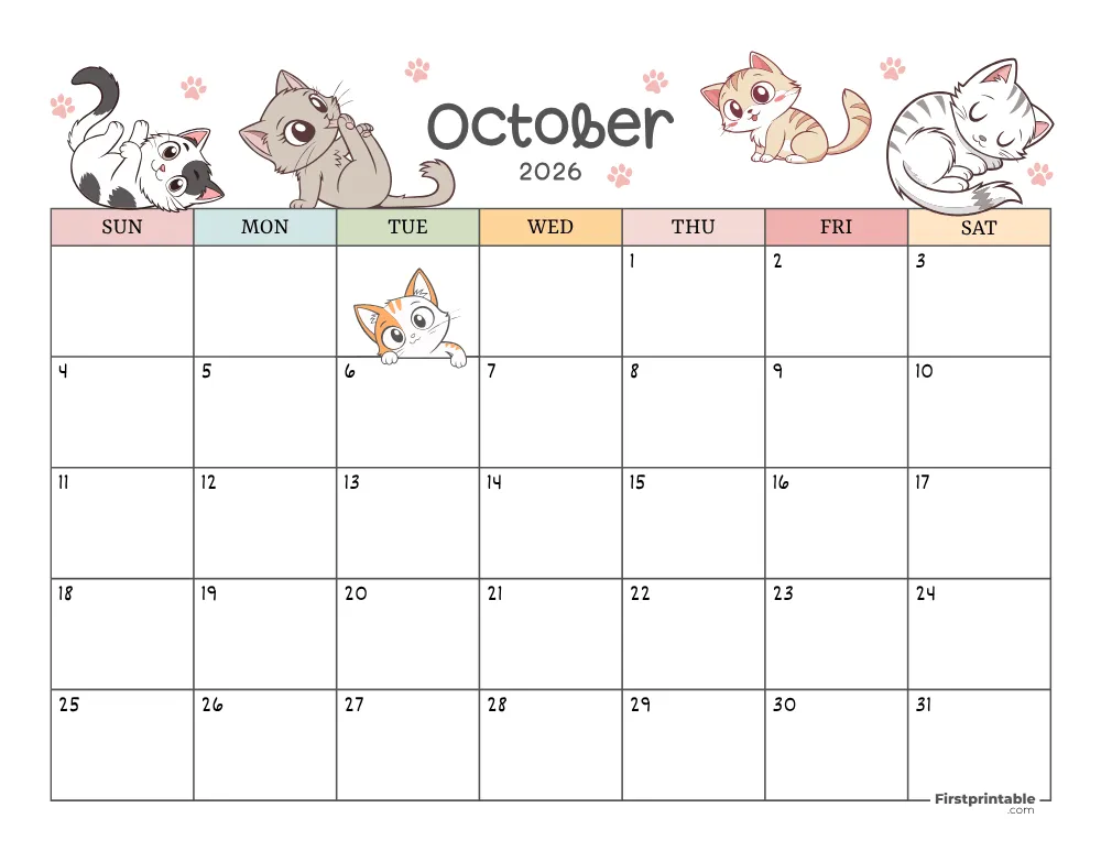 October 2026 Calendar Cat Themed 01