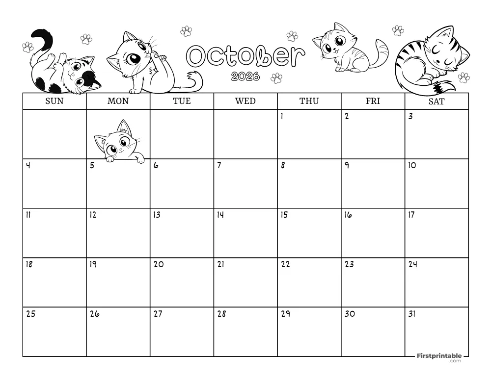 October 2026 Calendar Cat Themed 02