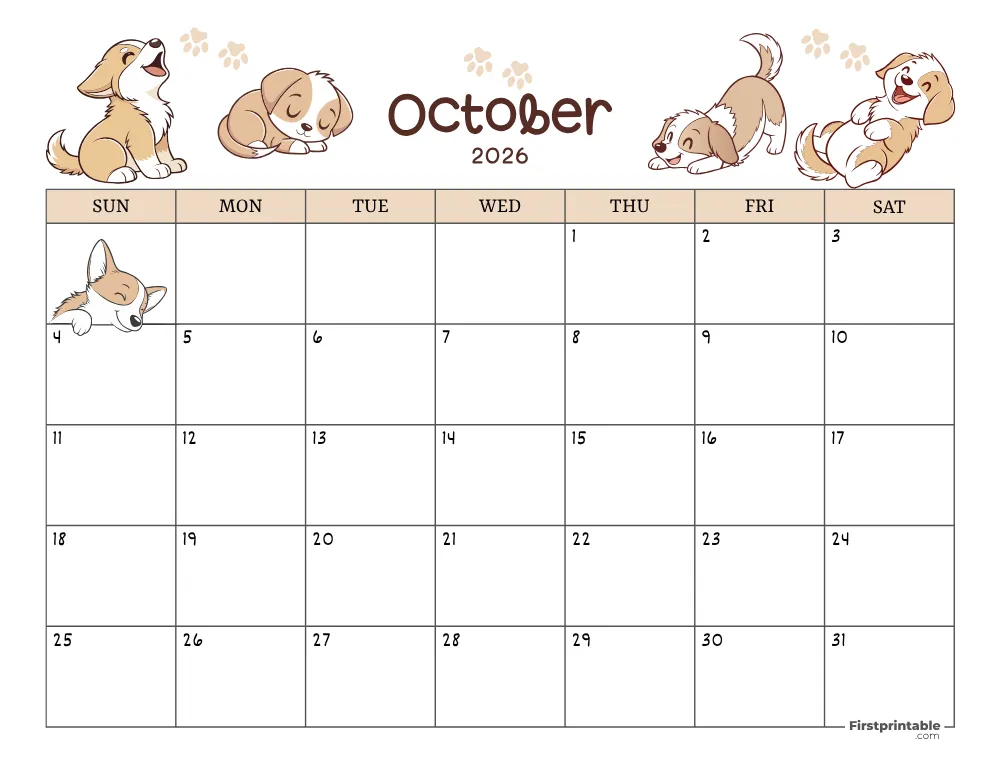 October 2026 Calendar Dog Themed 01