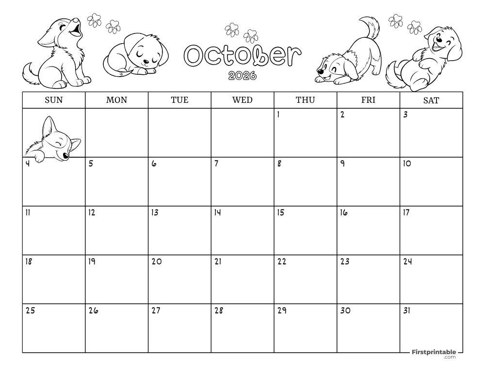 October 2026 Calendar Dog Themed 02
