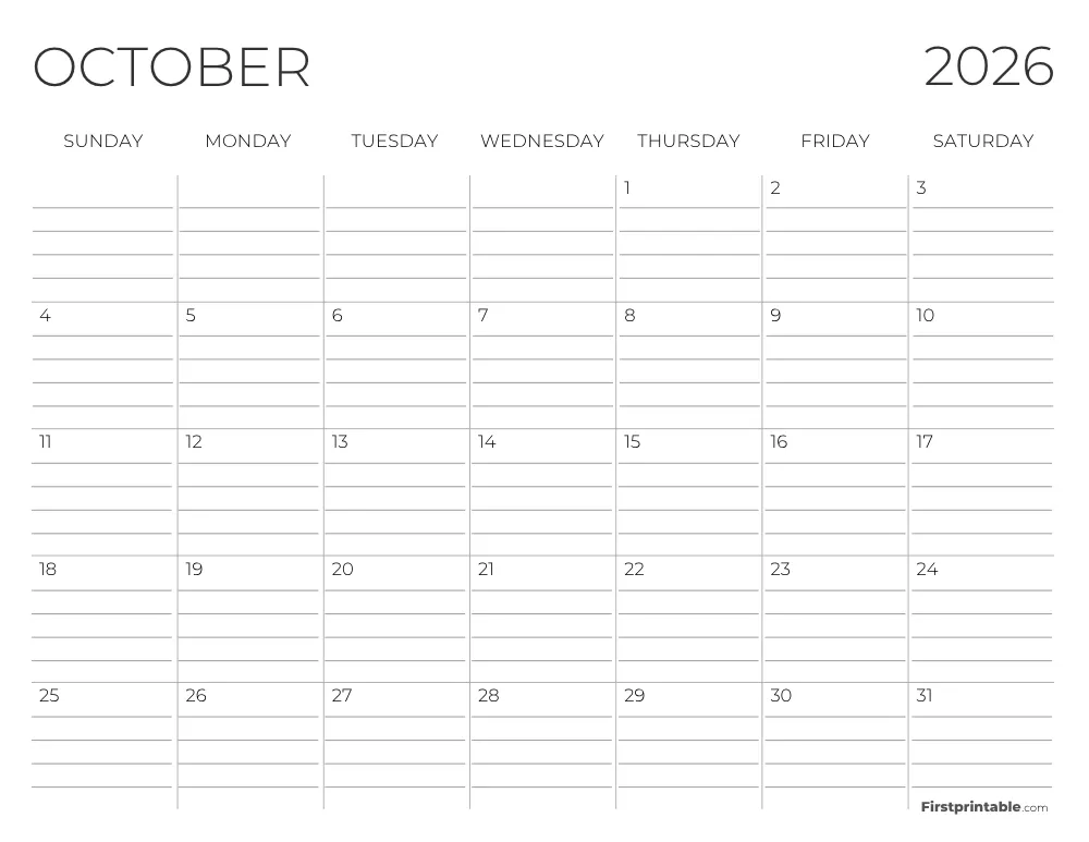 October 2026 Calendar with lines