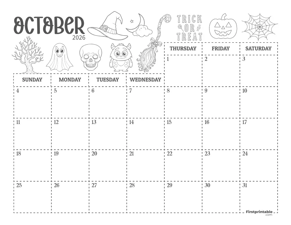 October Calendar 2026 Halloween Themed 01