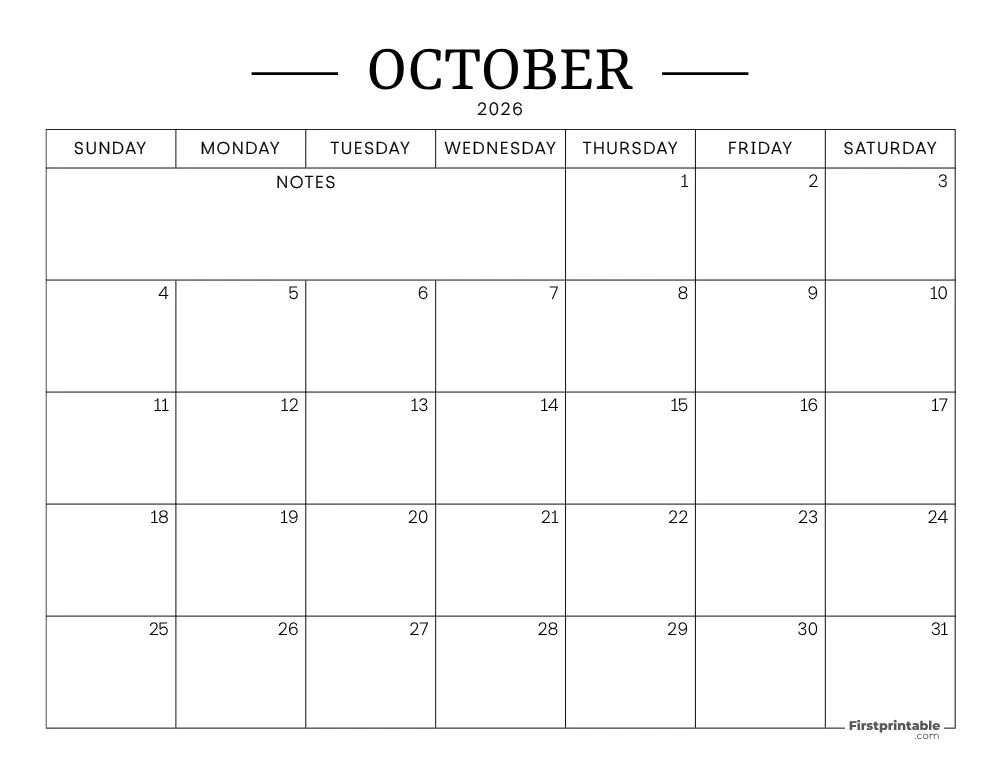 October Calendar 2026 Printable