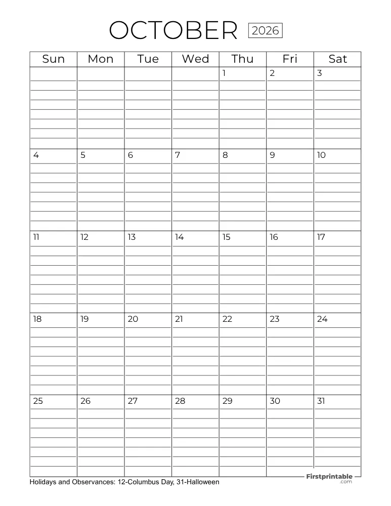 October Calendar 2026 with Lines