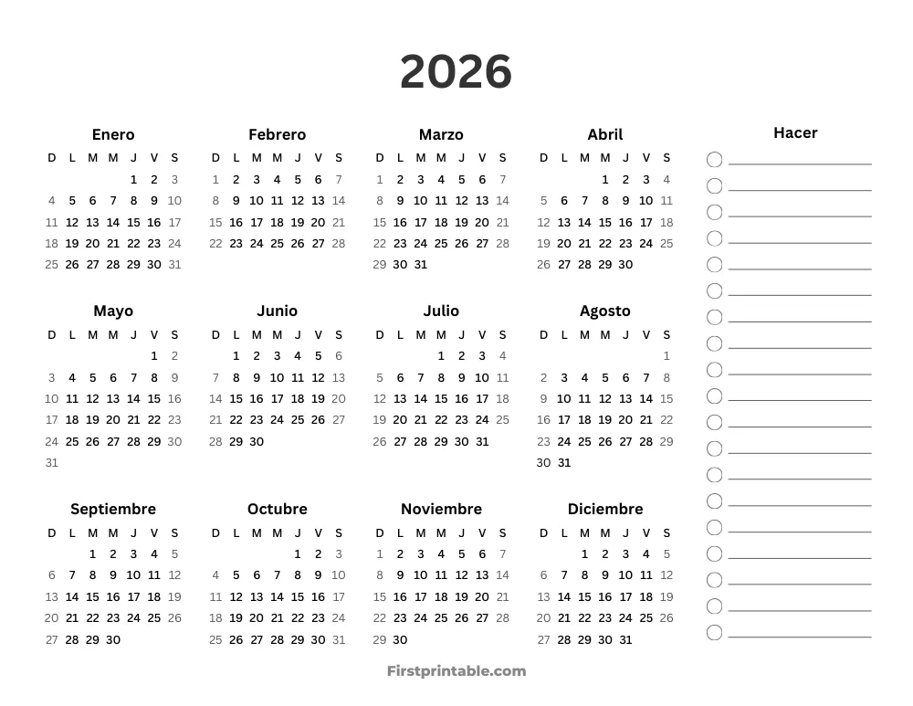 Calendario anual 2026 con lista de tareas horizontal
