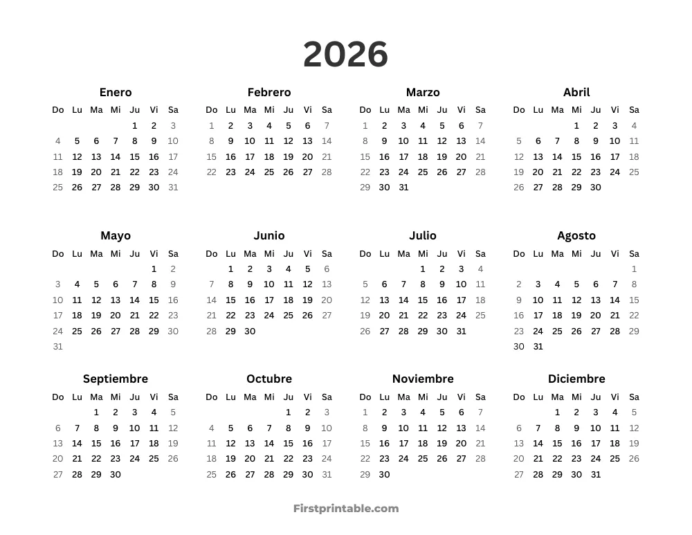 Calendario anual 2026 para imprimir horizontal