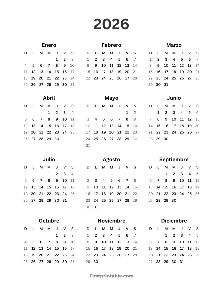 Calendario anual 2026 sencillo para imprimir vertical