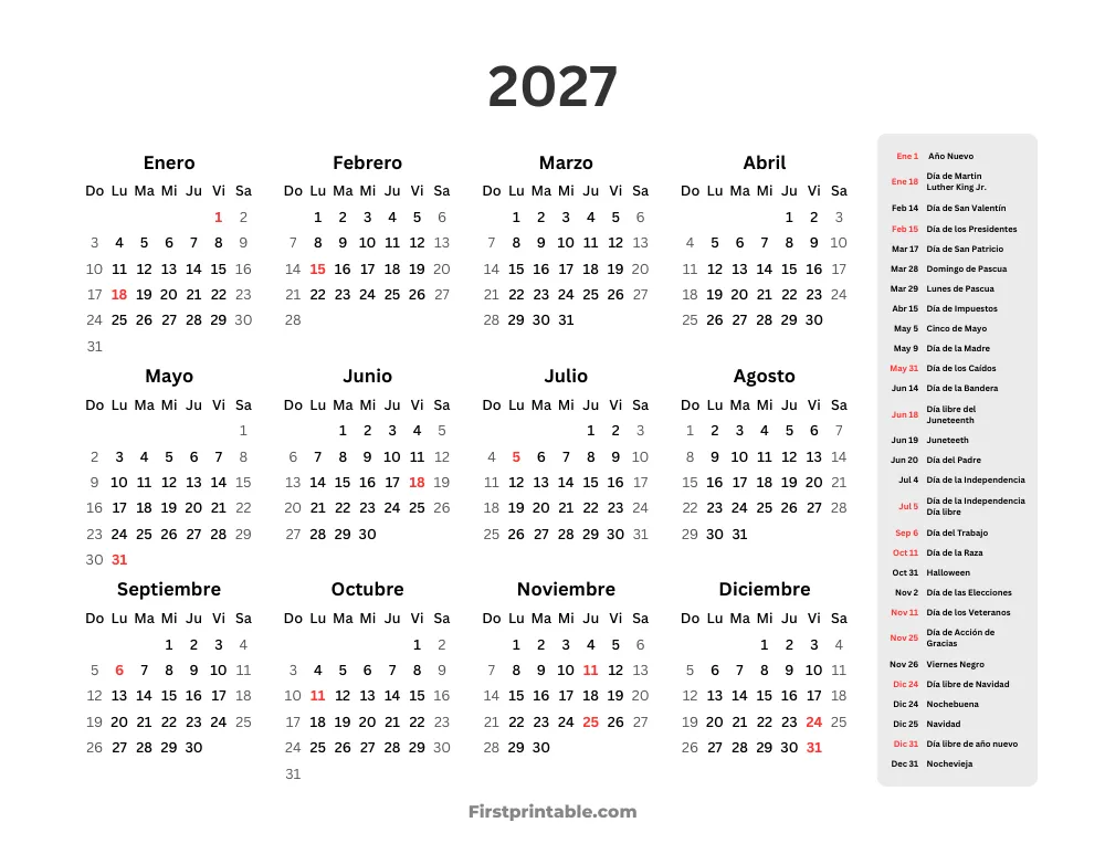 Calendario anual 2027 con días festivos para imprimir horizontal