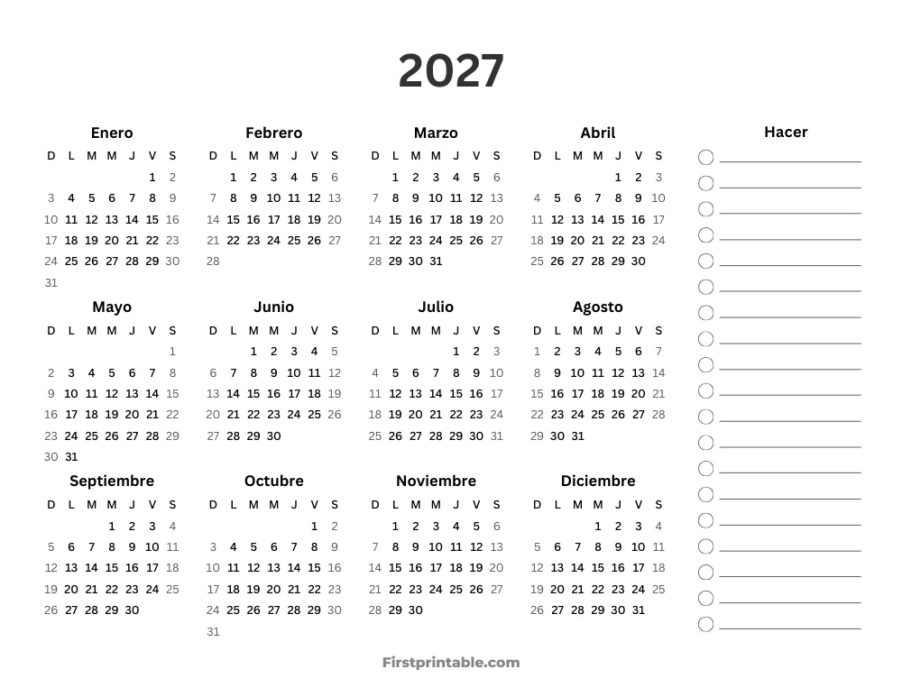 Calendario anual 2027 con lista de tareas horizontal