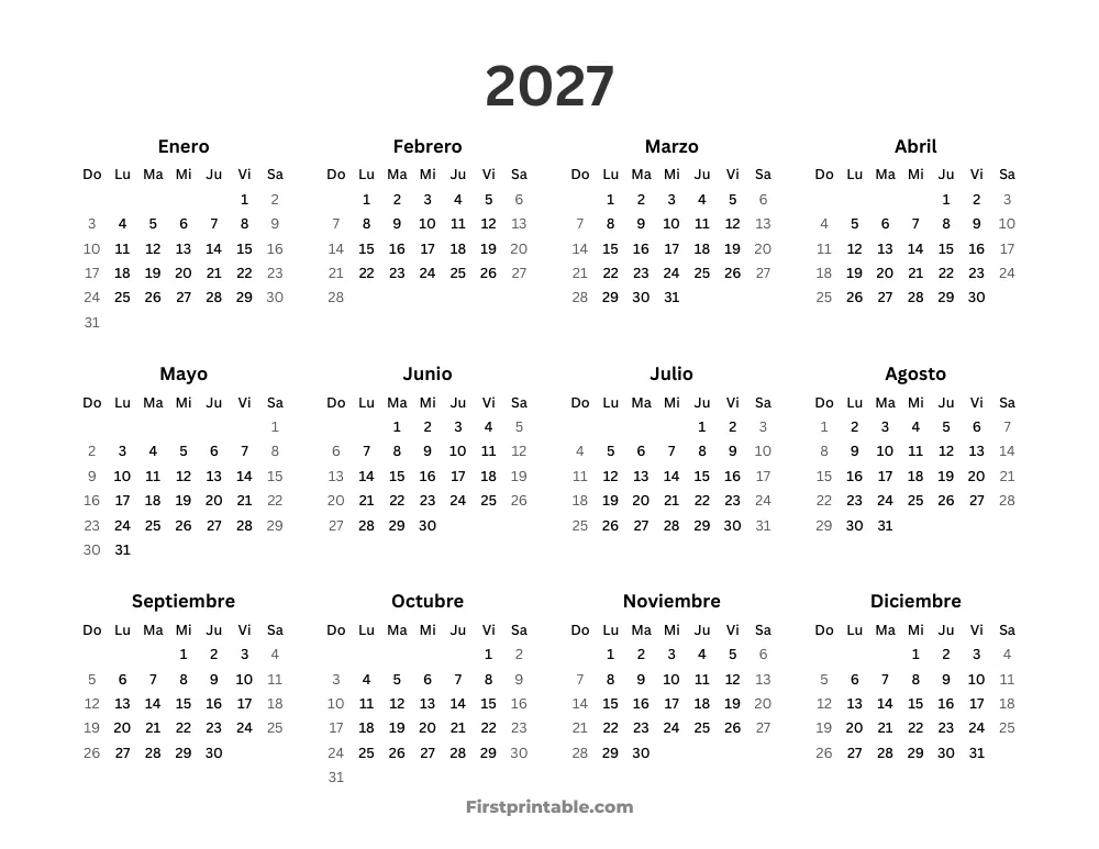 Calendario anual 2027 para imprimir horizontal