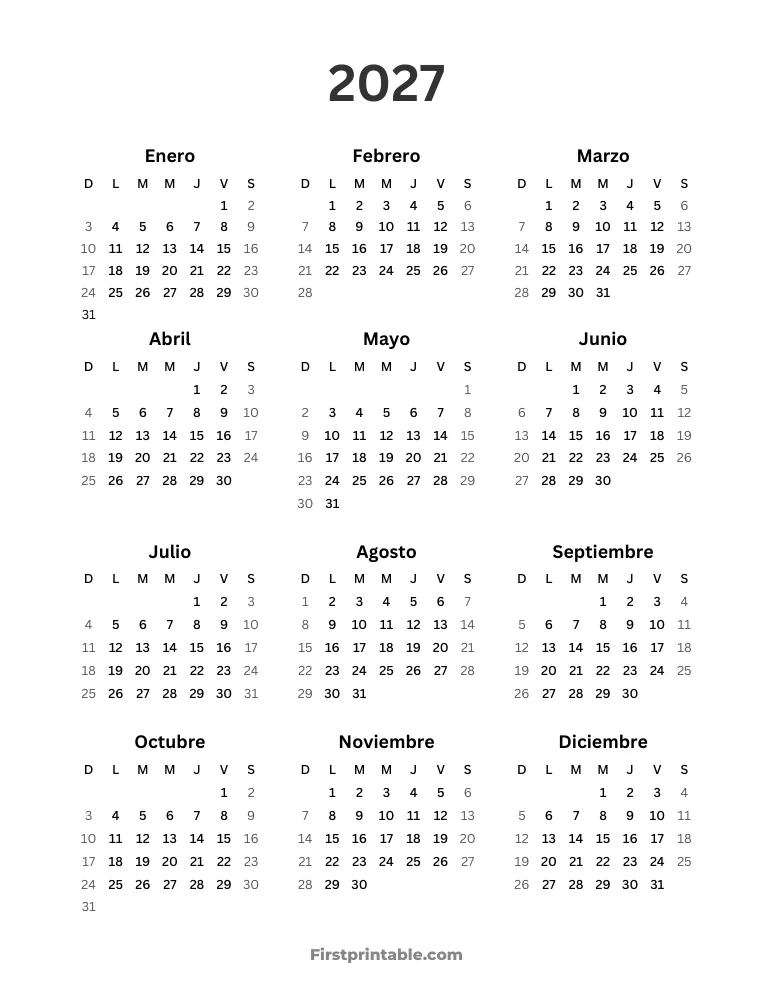 Calendario anual 2027 sencillo para imprimir vertical