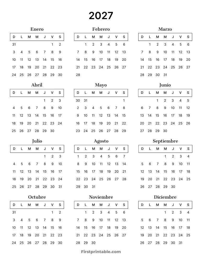 Calendario anual 2027