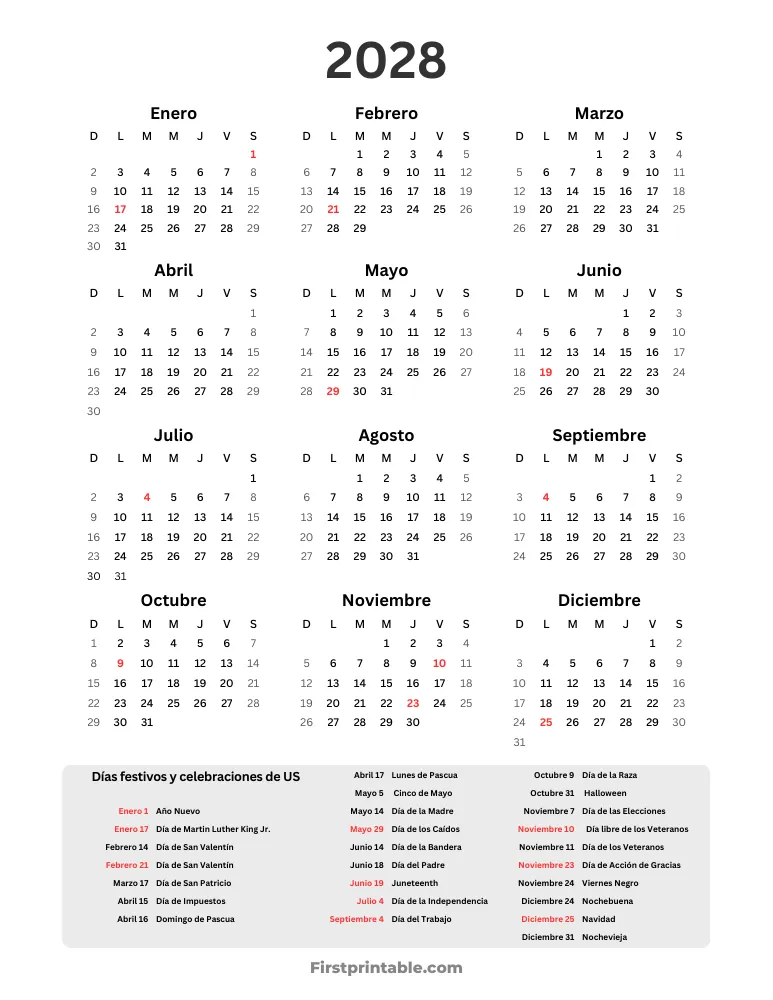 Calendario anual 2028 con días feriados de EE. UU. vertical