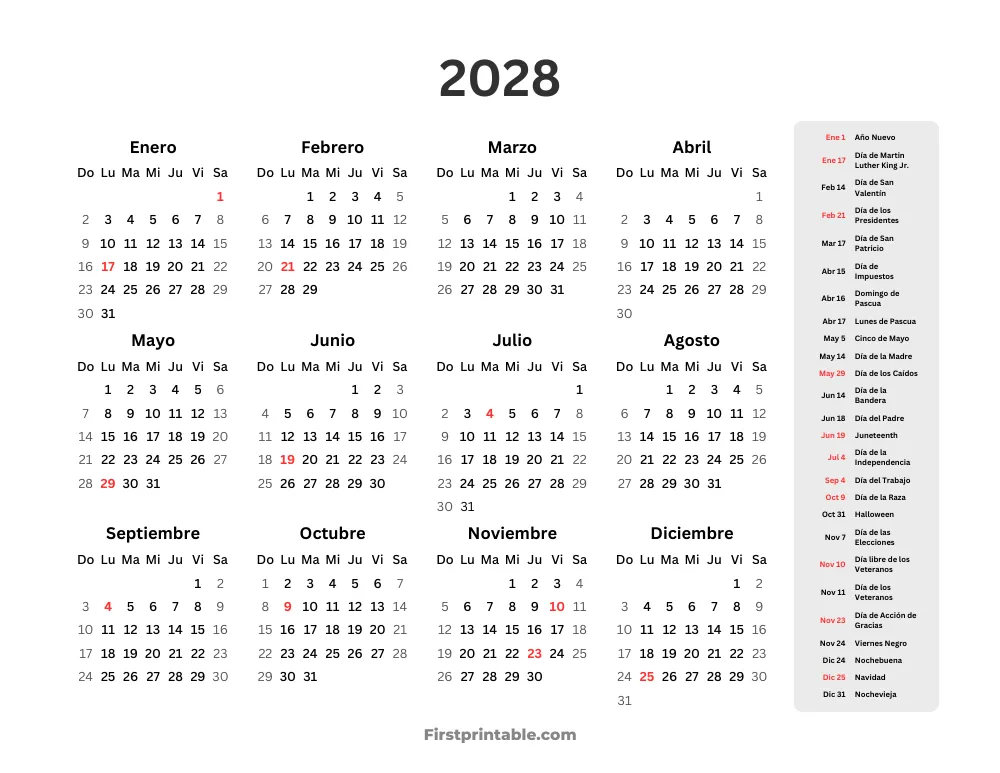 Calendario anual 2028 con días festivos para imprimir horizontal