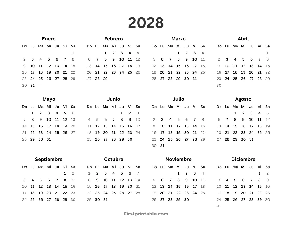 Calendario anual 2028 para imprimir horizontal