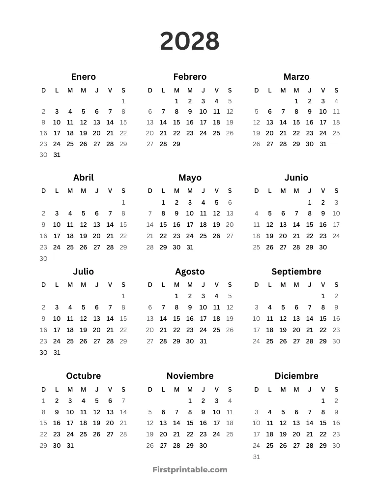 Calendario anual 2028 sencillo para imprimir vertical