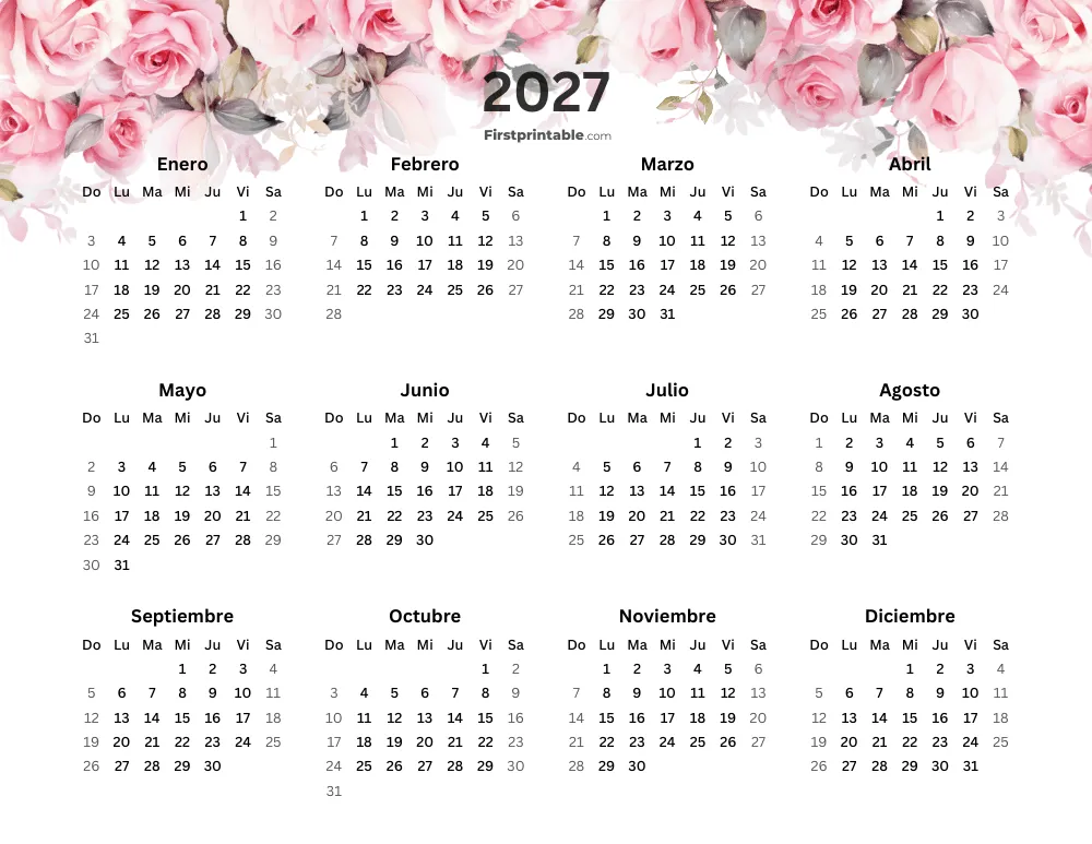 Calendario anual floral 2027 para imprimir horizontal