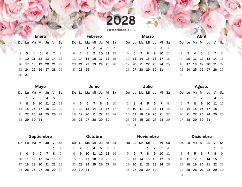 Calendario anual floral 2028 para imprimir horizontal
