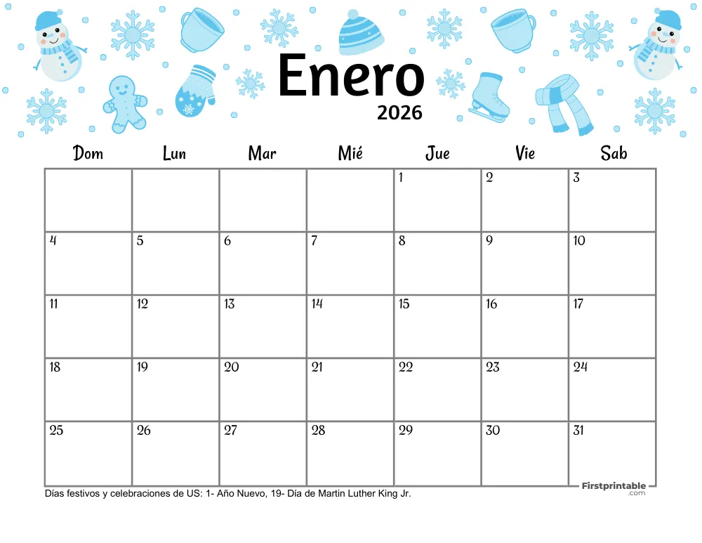 Calendario de enero de 2026 - Tema de invierno