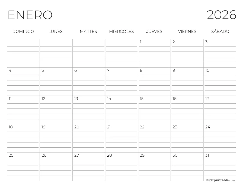 Calendario de enero de 2026 con líneas
