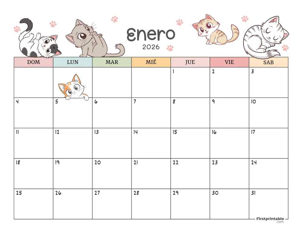 Calendario de enero de 2026 con temática de gatos 01