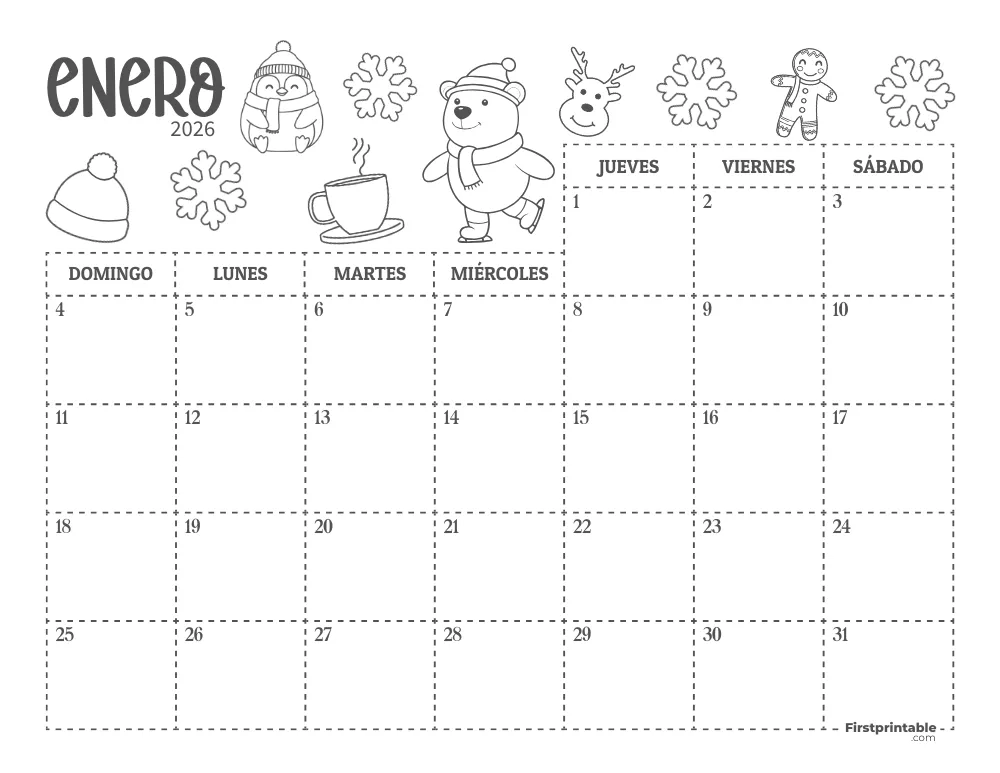 Calendario de enero de 2026 con temática de invierno 01