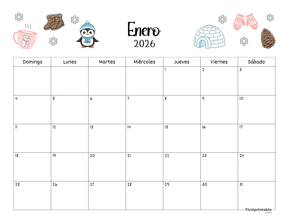 Calendario de enero de 2026 con temática de invierno 02