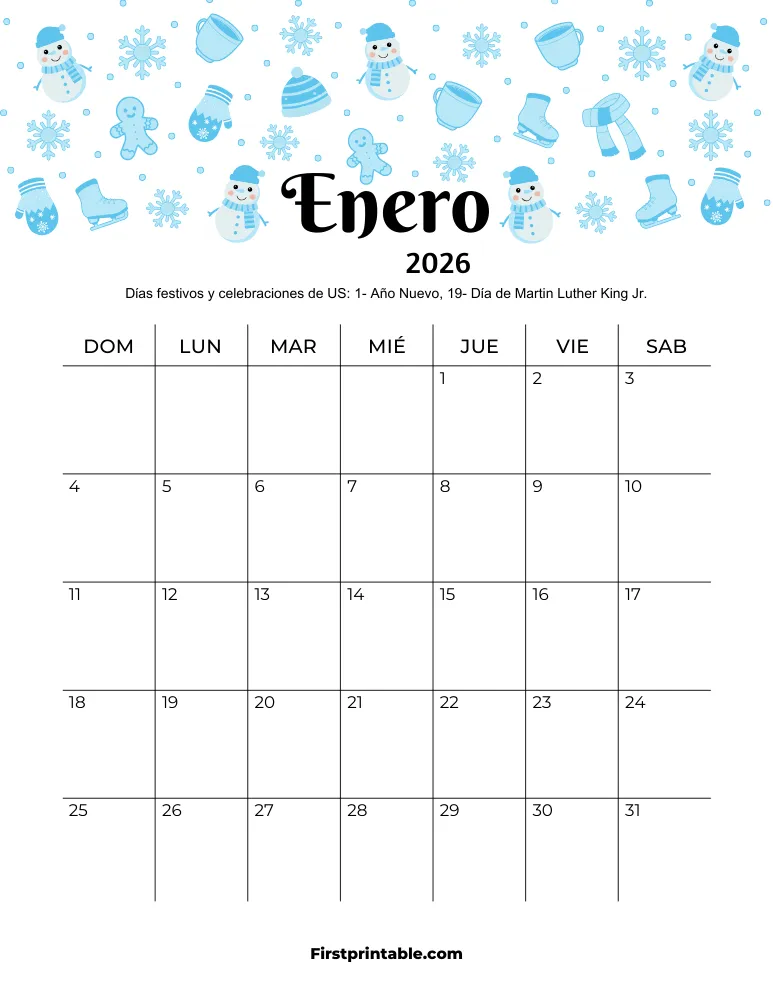 Calendario de enero de 2026 con temática de invierno