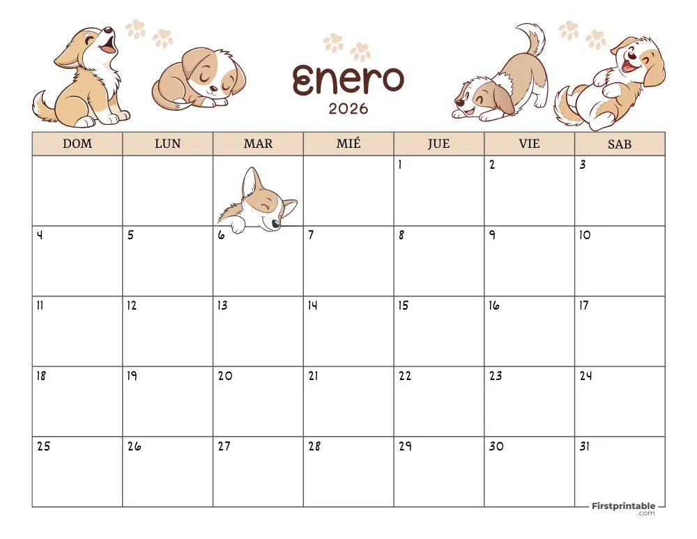 Calendario de enero de 2026 con temática de perros 01
