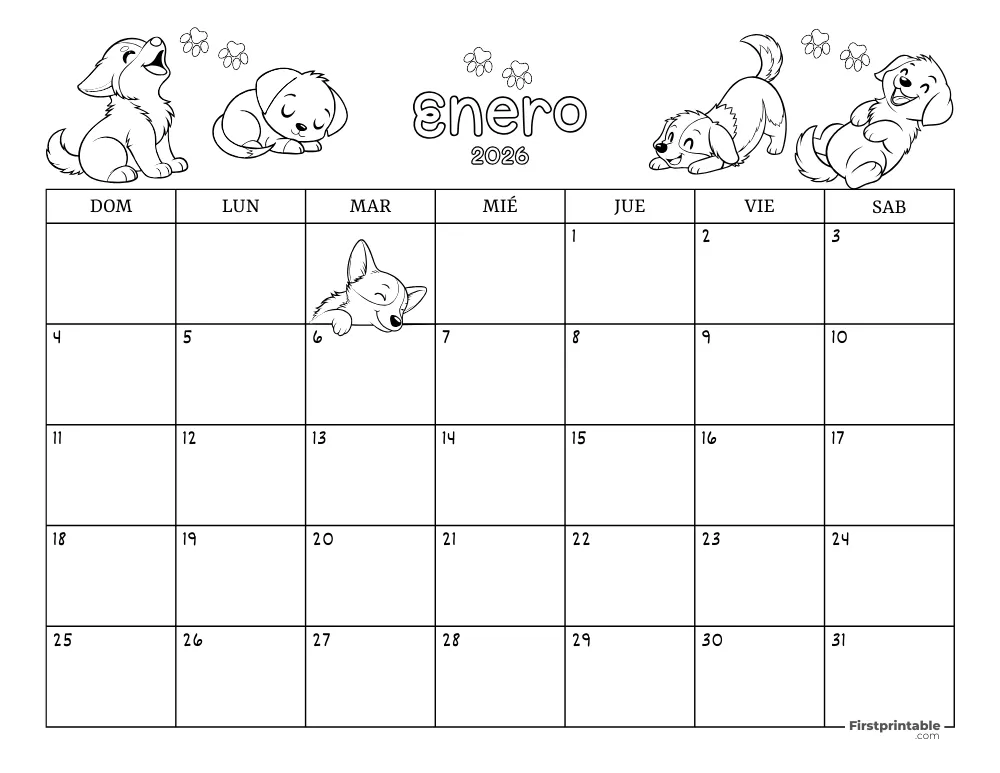 Calendario de enero de 2026 con temática de perros 02