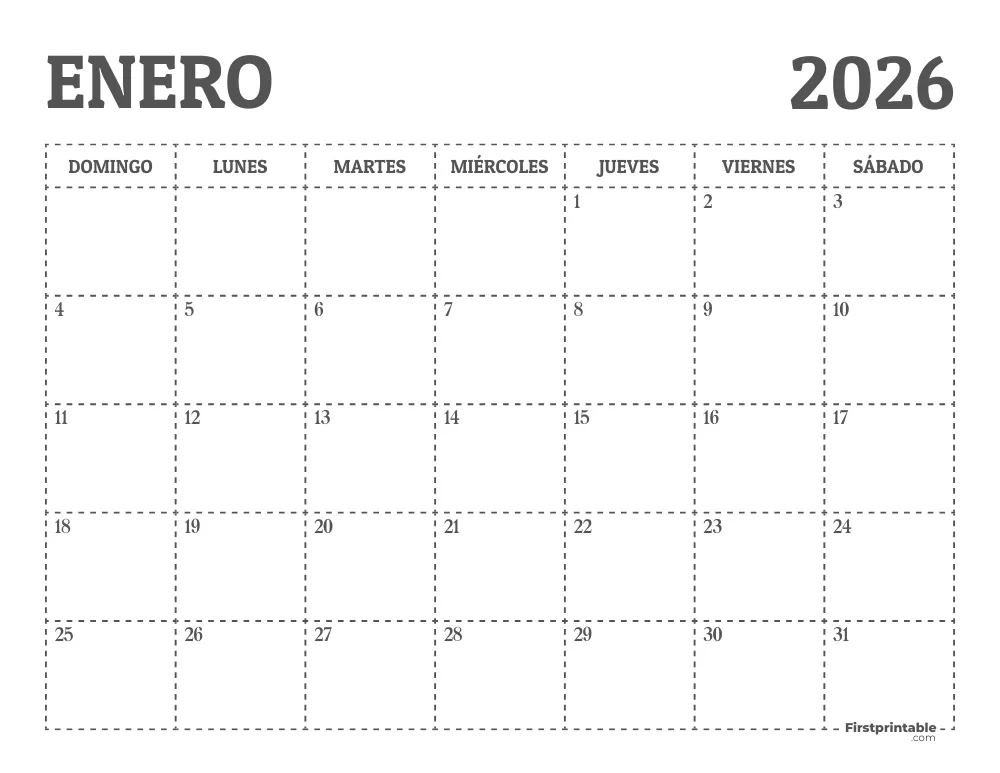 Calendario de enero de 2026 para imprimir