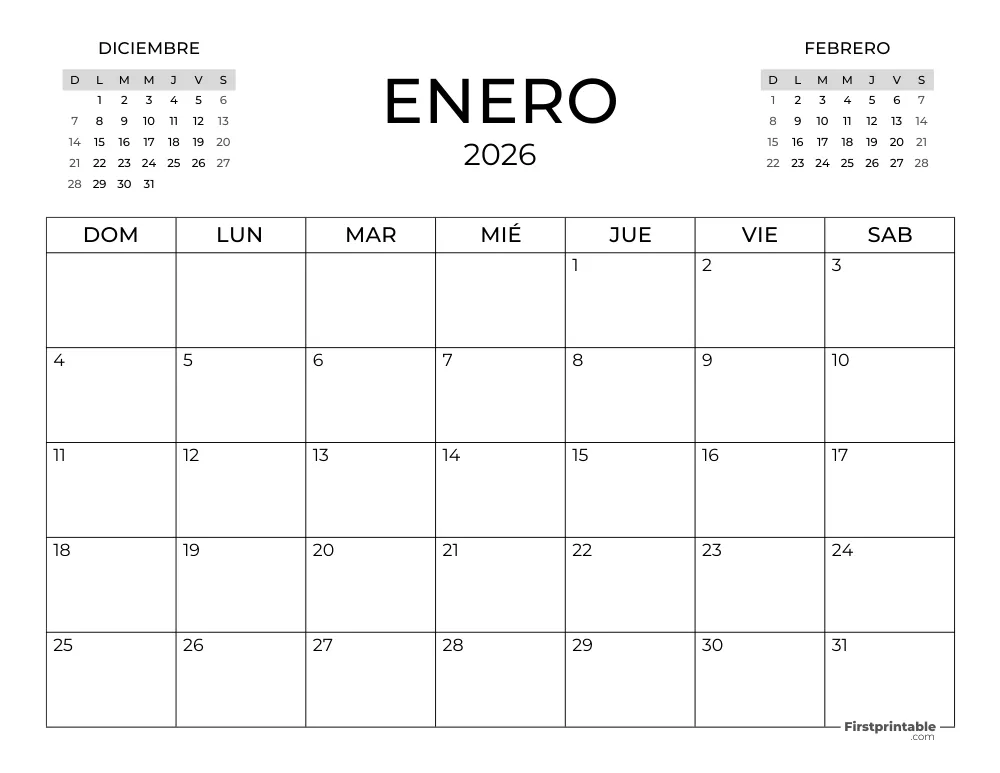 Calendario de enero de 2026