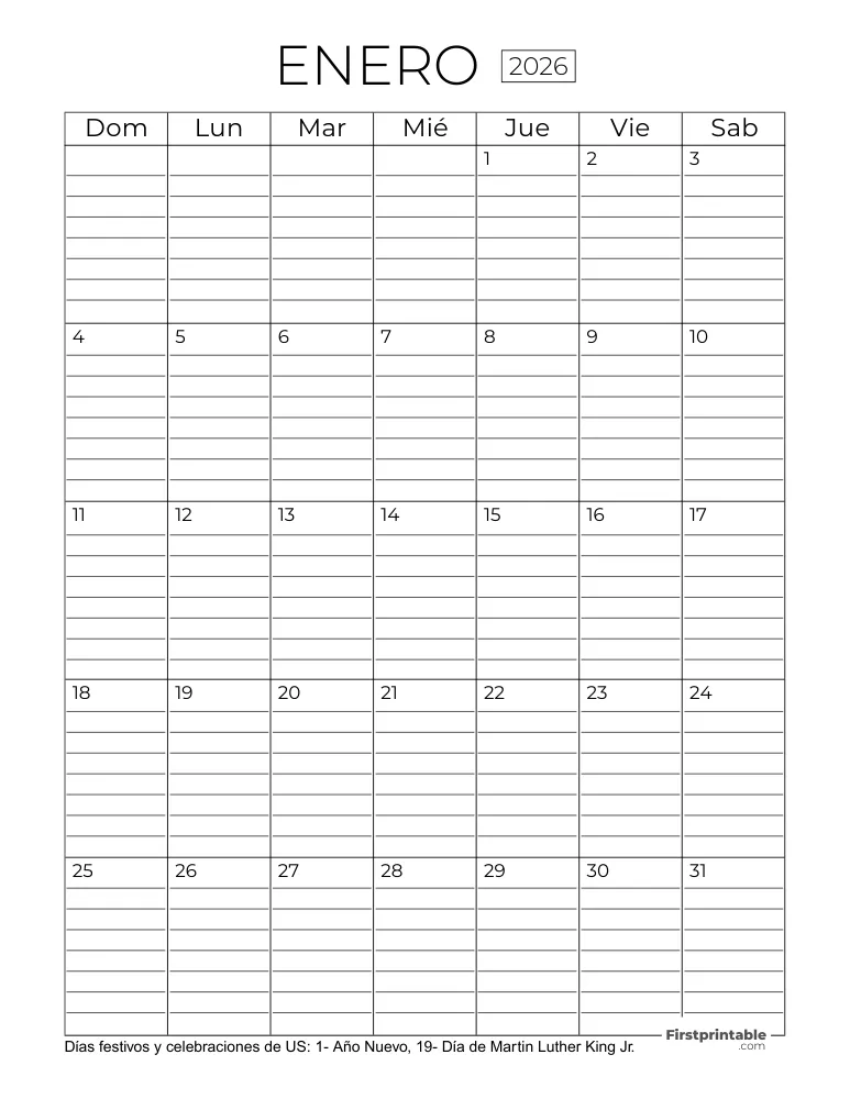 Calendario enero 2026 con líneas
