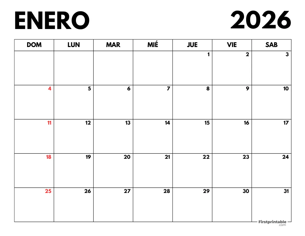 Calendario enero 2026