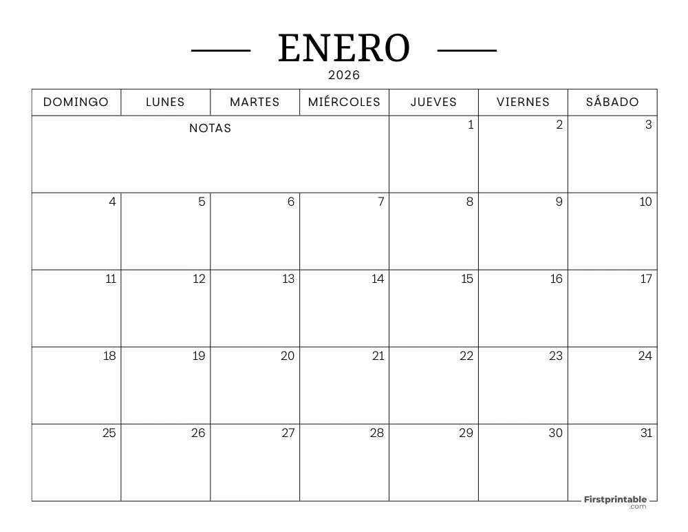 Calendario imprimible de enero de 2026