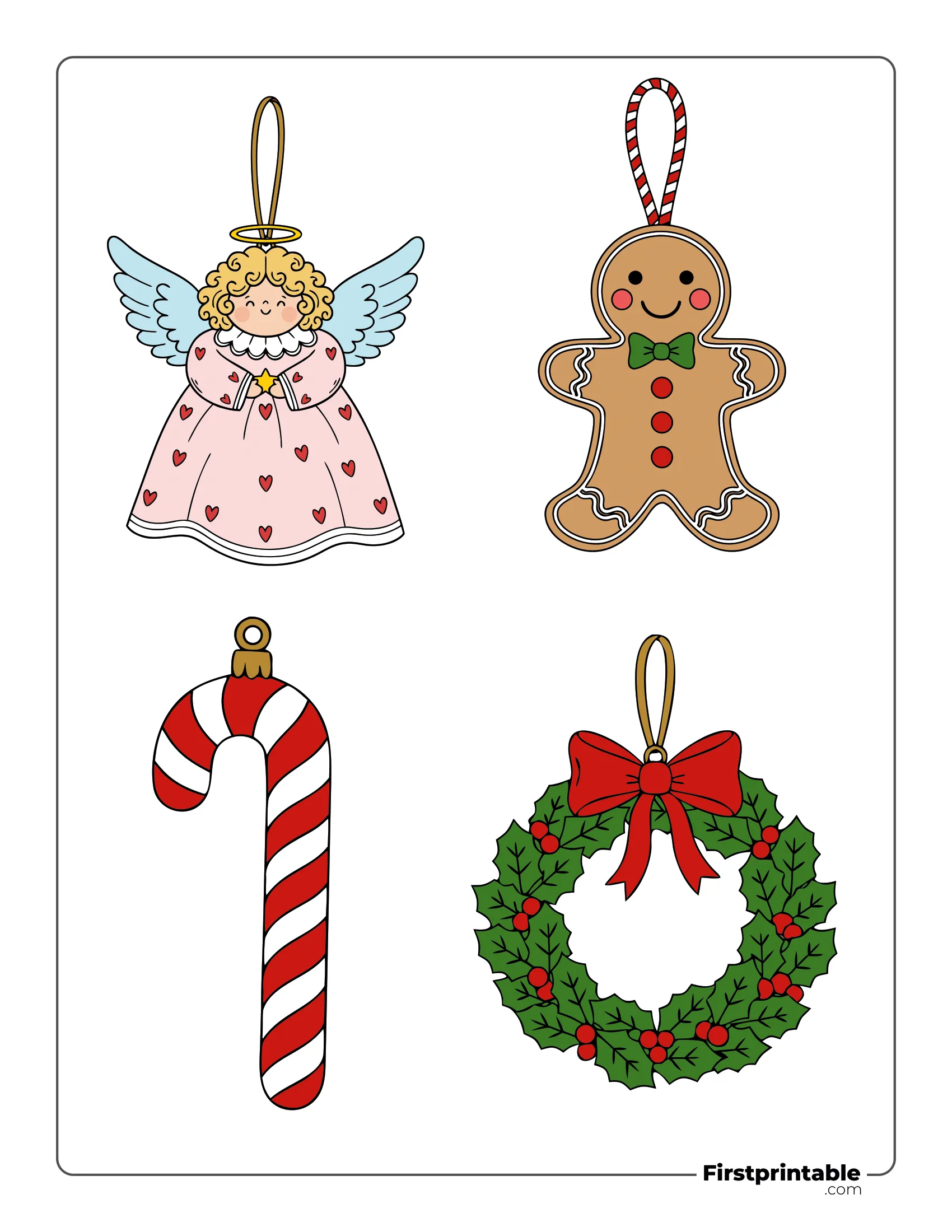 Christmas Ornaments Template Colored - Angel, Gingerbread man, Candy Cane, Wreath