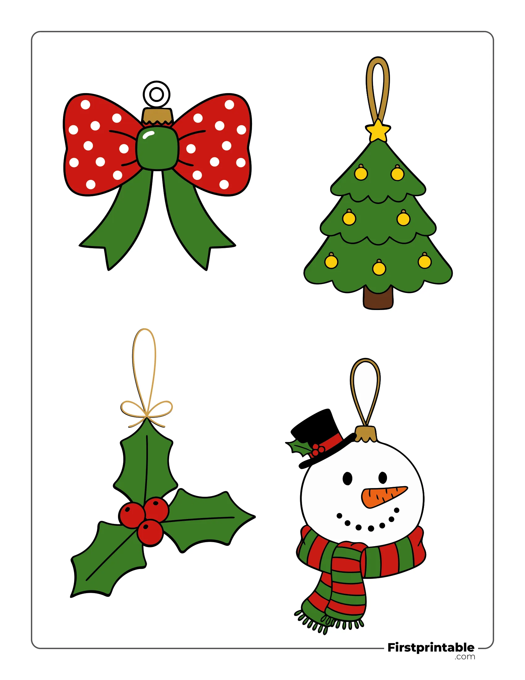 Christmas Ornaments Template Colored - Bow, Tree, Holly, Snowman Face
